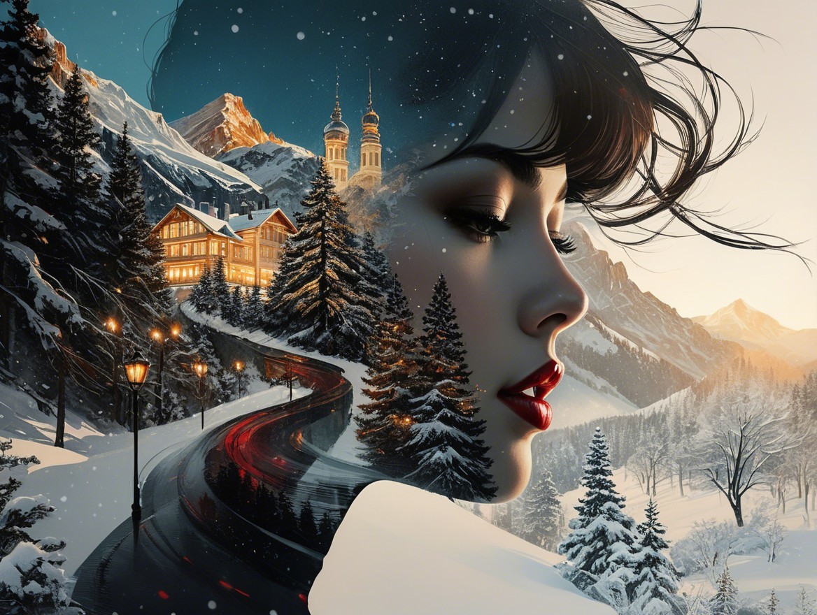 Woman's Profile Merged with Winter Landscape Scene