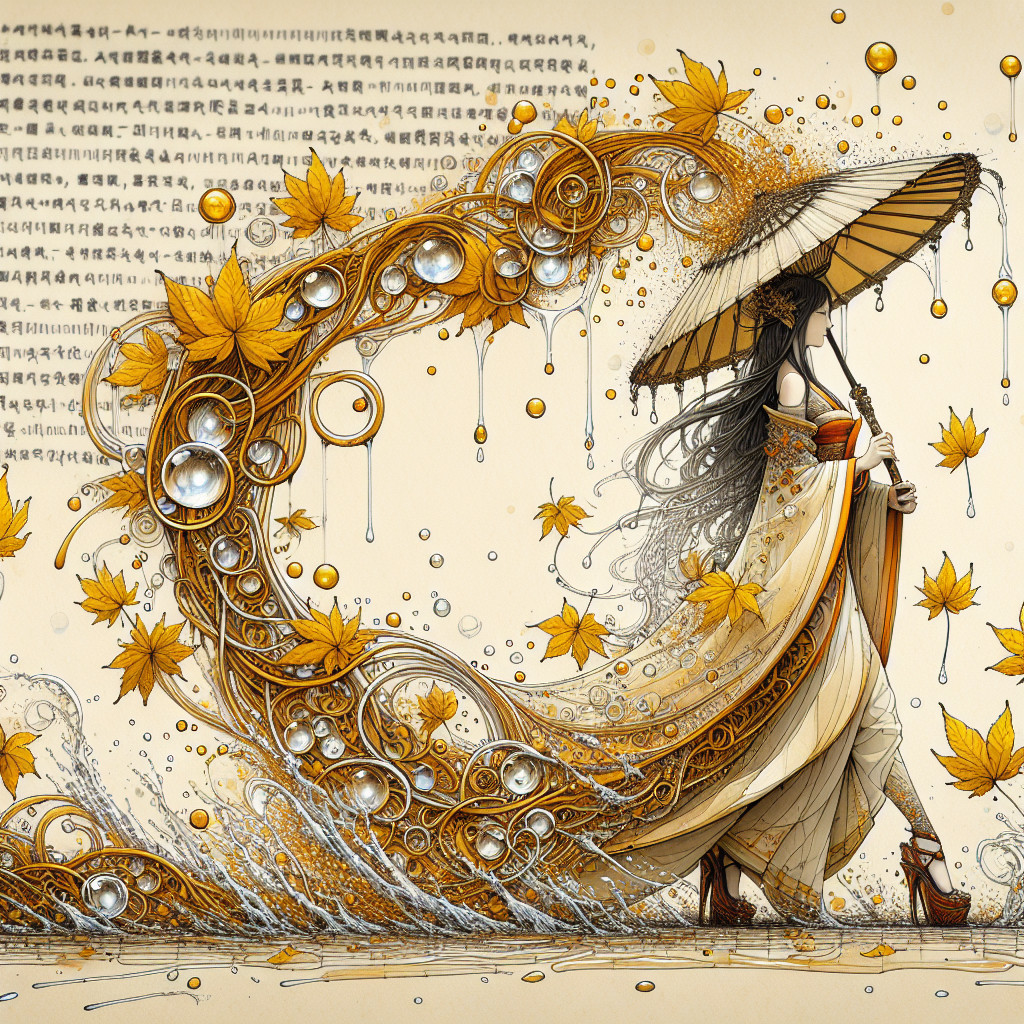 Elegant figure in gown amidst autumn leaves and water