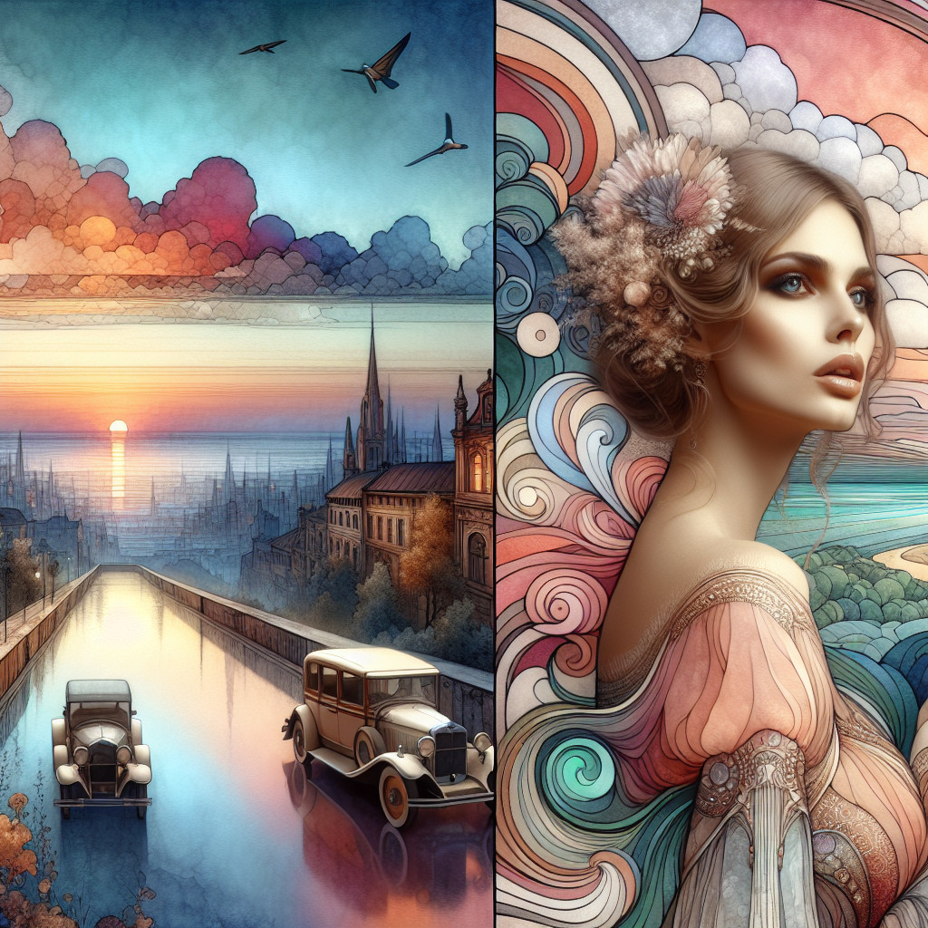 Split Scene of Sunset Cityscape and Floral Portrait