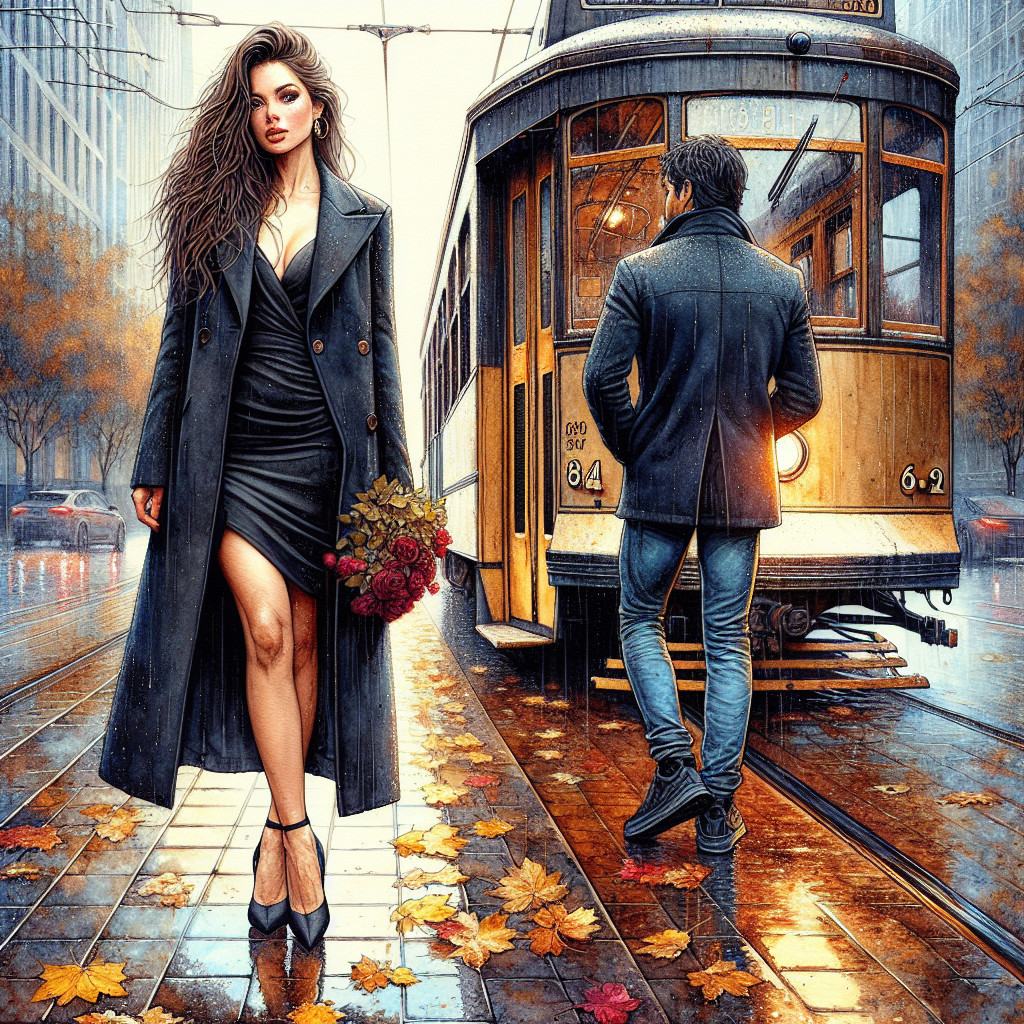 Stylish Woman with Roses on Rainy City Street