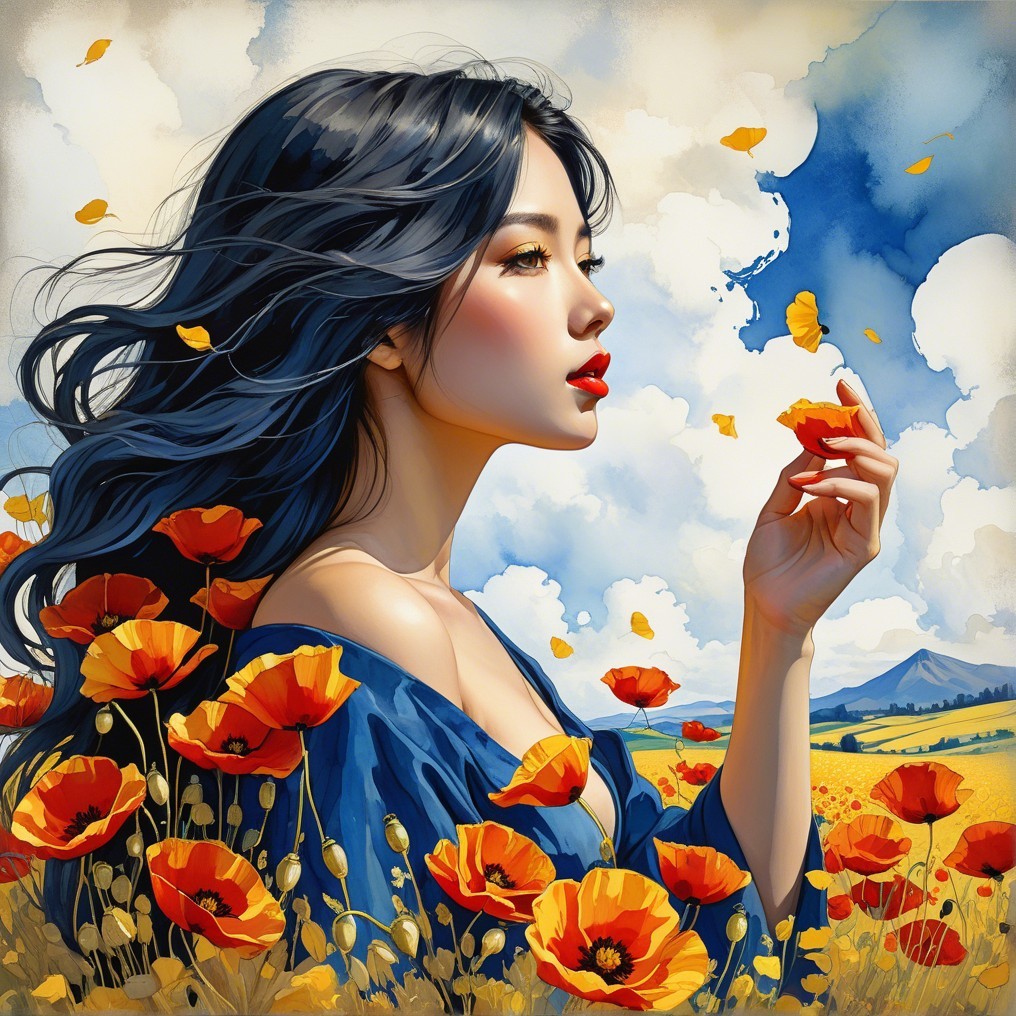 Young Woman in Vibrant Poppy Field Under Blue Sky