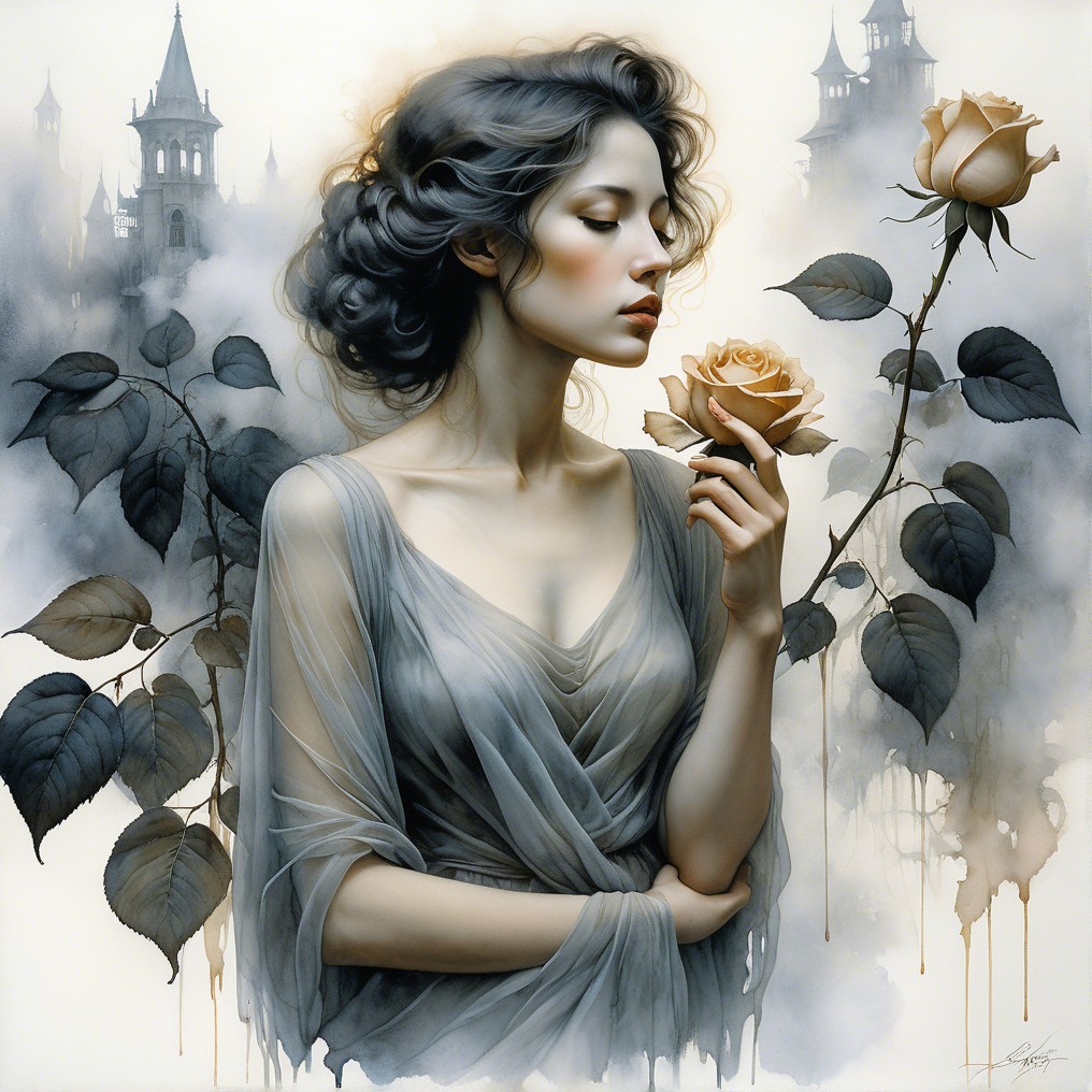 Serene Woman in Ethereal Gray Gown with Pale Rose