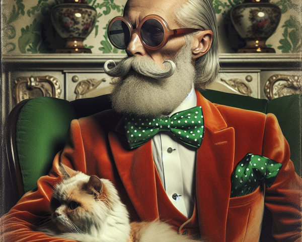 Elderly Man in Orange Suit with Cat in Vintage Setting