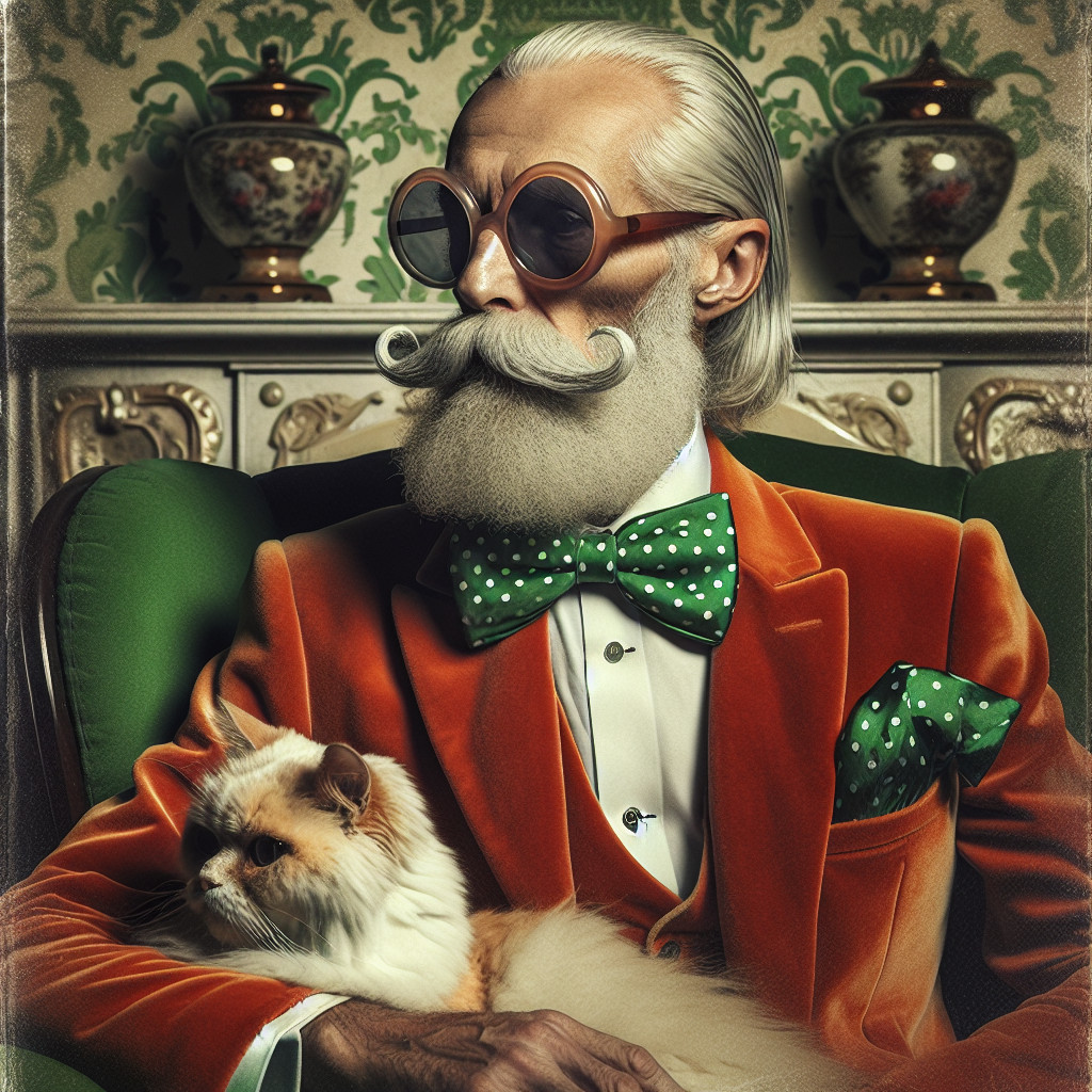 Elderly Man in Orange Suit with Cat in Vintage Setting