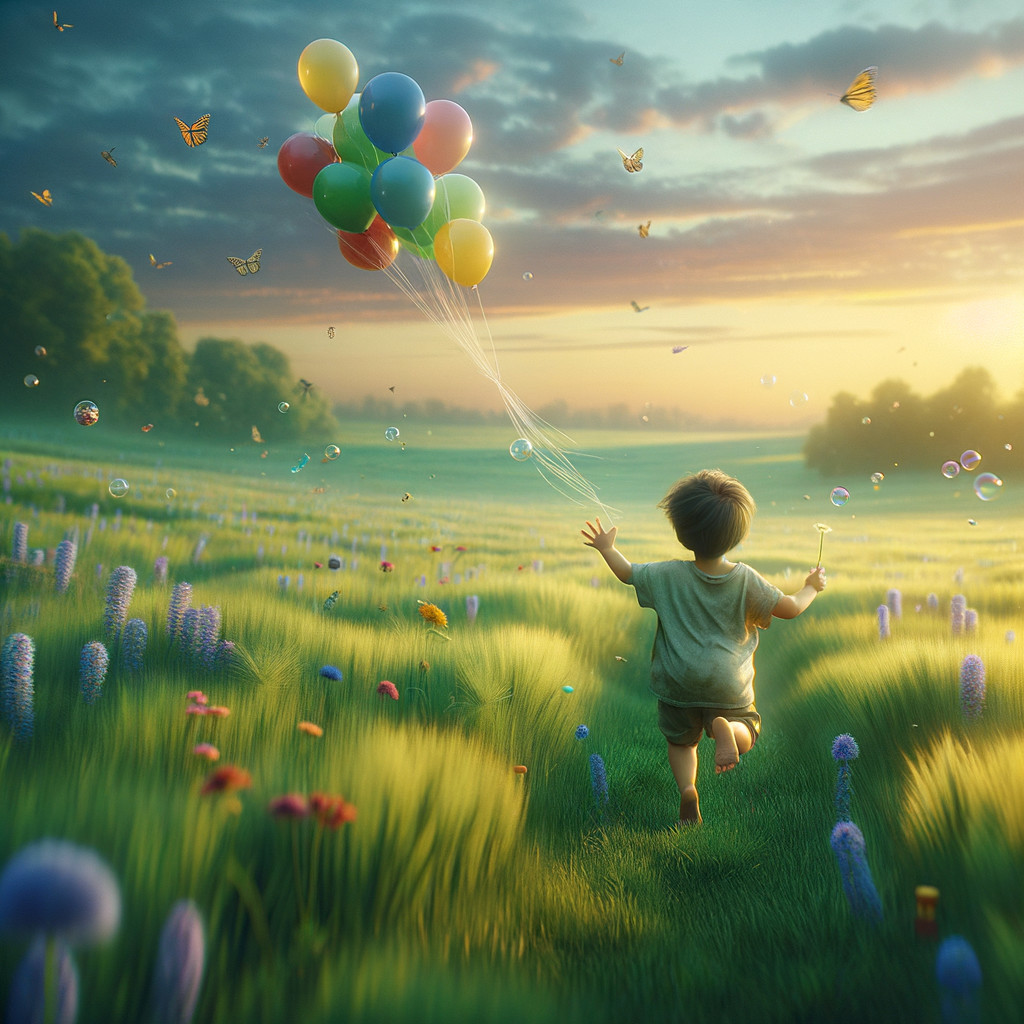Child in a sunlit meadow with balloons and butterflies