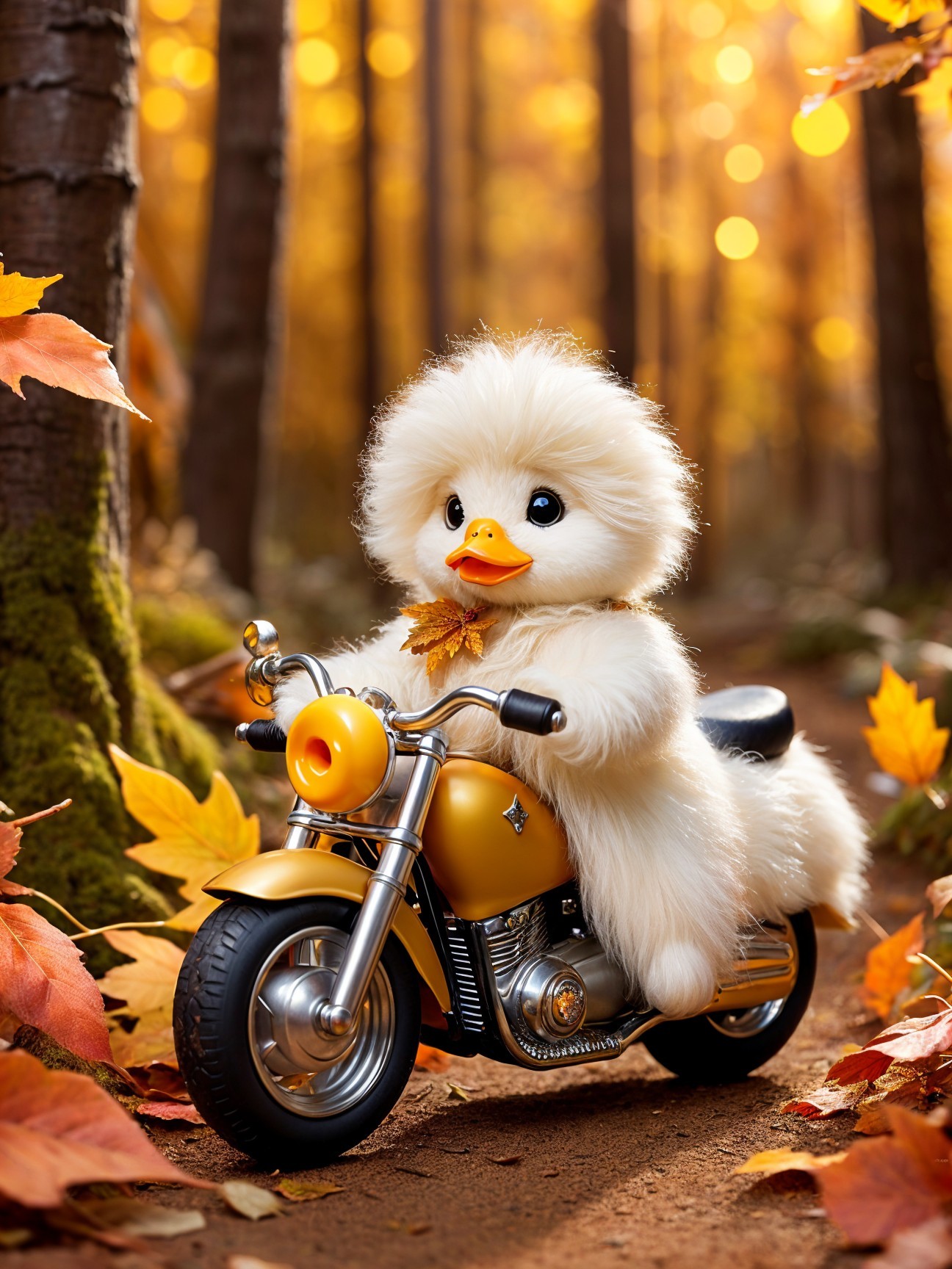 Fluffy Duckling on Motorcycle in Autumn Forest