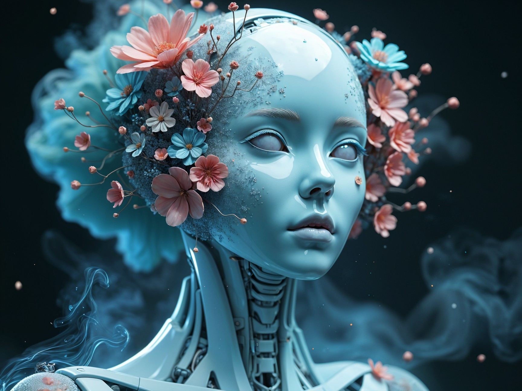 Futuristic humanoid robot with floral and metallic design