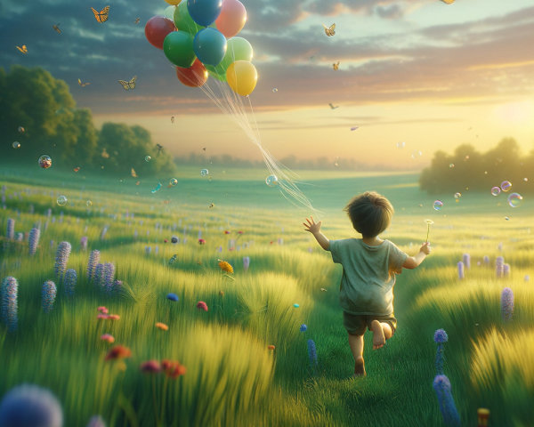 Child in a sunlit meadow with balloons and butterflies