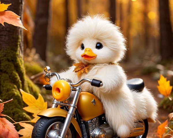 Fluffy Duckling on Motorcycle in Autumn Forest