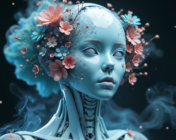 Futuristic humanoid robot with floral and metallic design