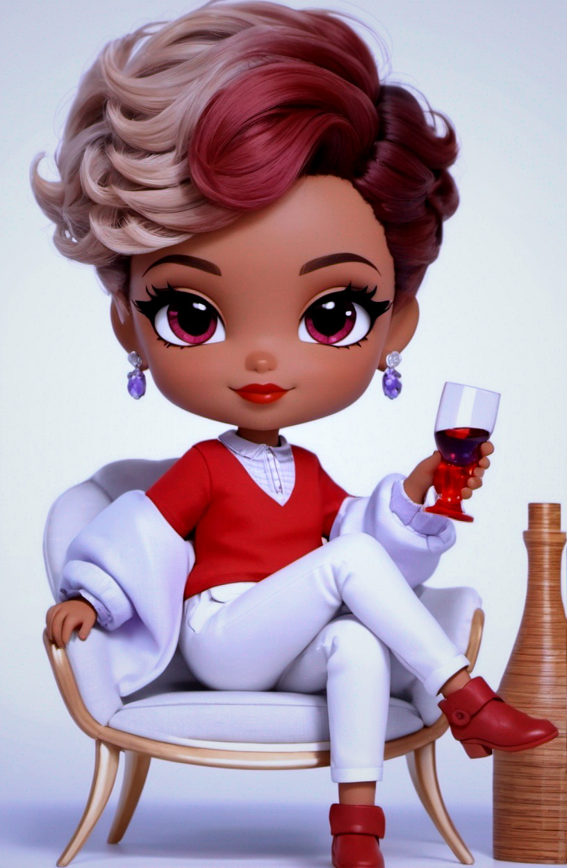 Animated female character with pink hair streak in modern chair holding red drink in chic white outfit