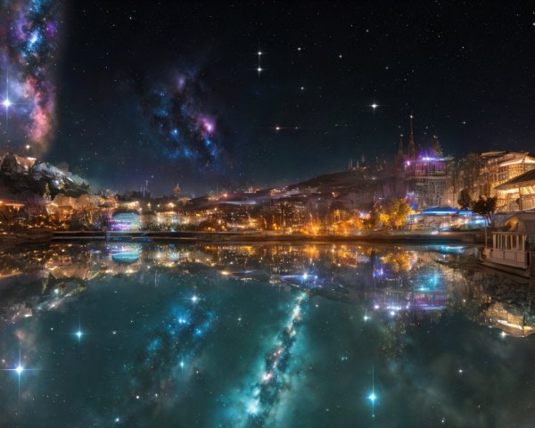 Vibrant City Skyline Reflected in Serene Lake at Night