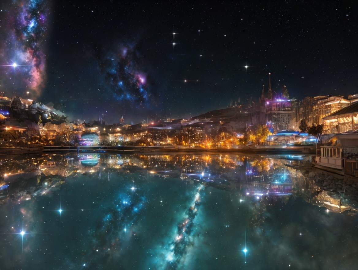 Vibrant City Skyline Reflected in Serene Lake at Night