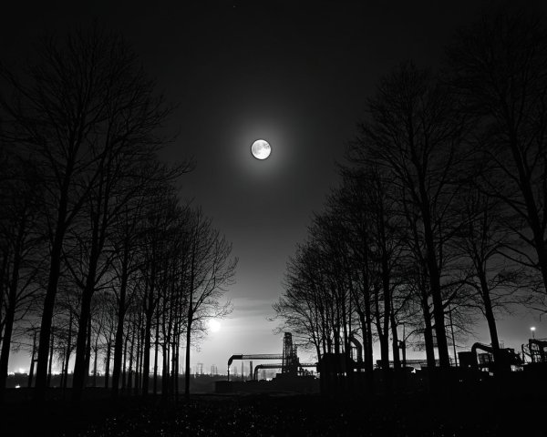 Full Moon Over Silhouetted Trees and Industrial Landscape