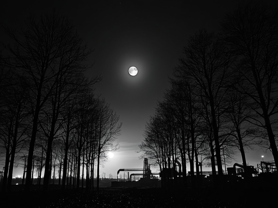Full Moon Over Silhouetted Trees and Industrial Landscape