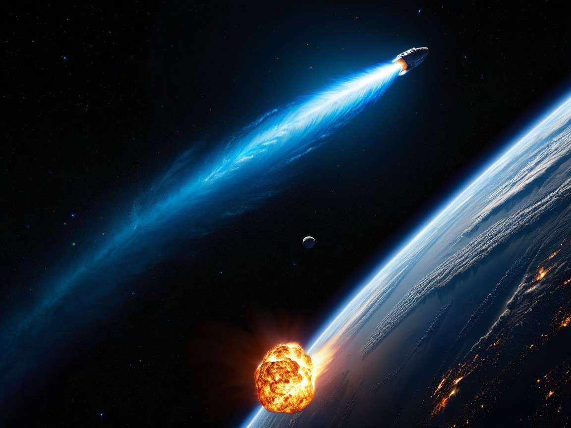 Sleek spacecraft with blue trail over glowing planet