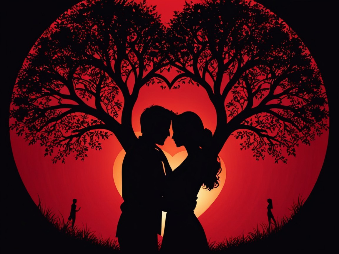 Silhouette of a couple under heart-shaped trees