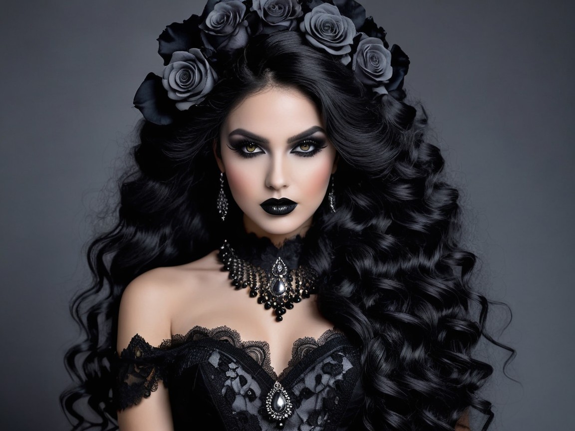 Portrait of a Woman with Black Hair and Gothic Elegance