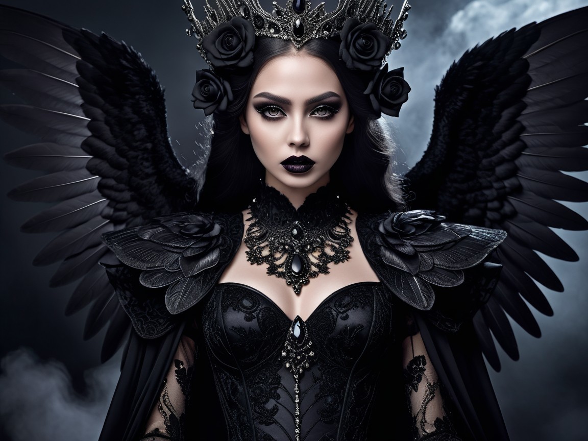 Dark Fantasy Figure with Roses and Feathered Wings
