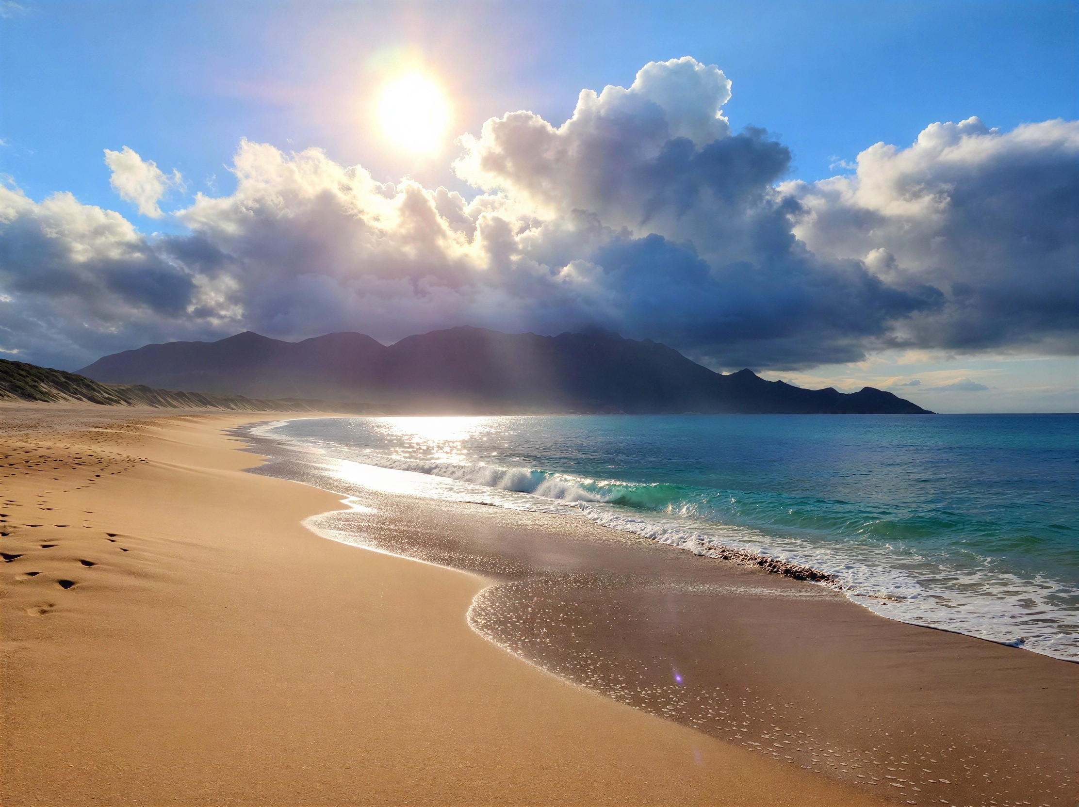 Serene Beach Paradise with Rolling Hills and Mountains