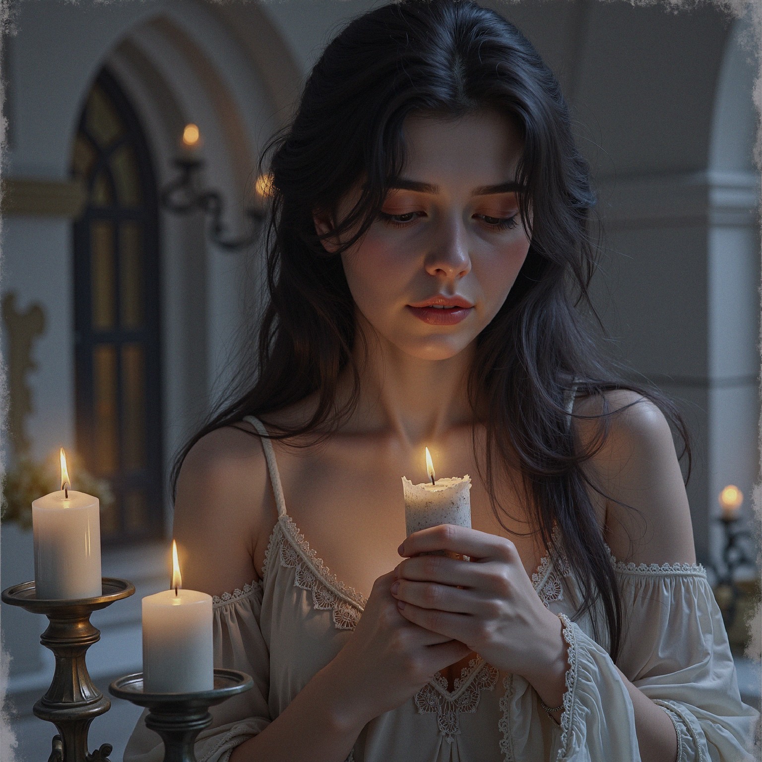Young Woman with Candle in Elegant Indoor Setting
