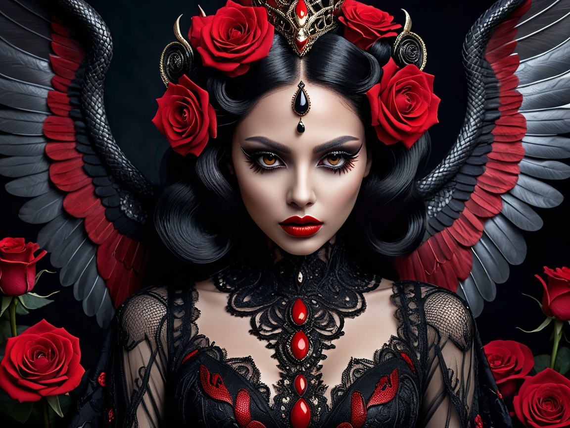 Gothic Figure with Roses, Crown, and Elegant Wings