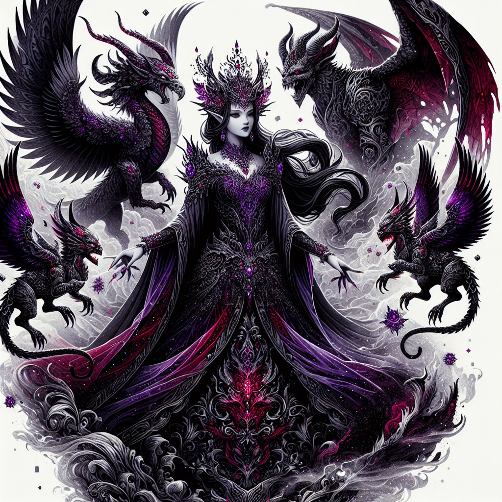 Dark Gown with Dragons and Griffins in Mystical Scene