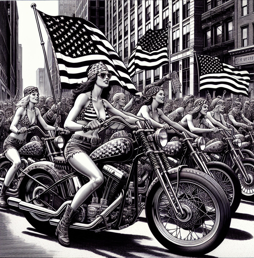 Black and white ink drawing of a motorcycle parade scene