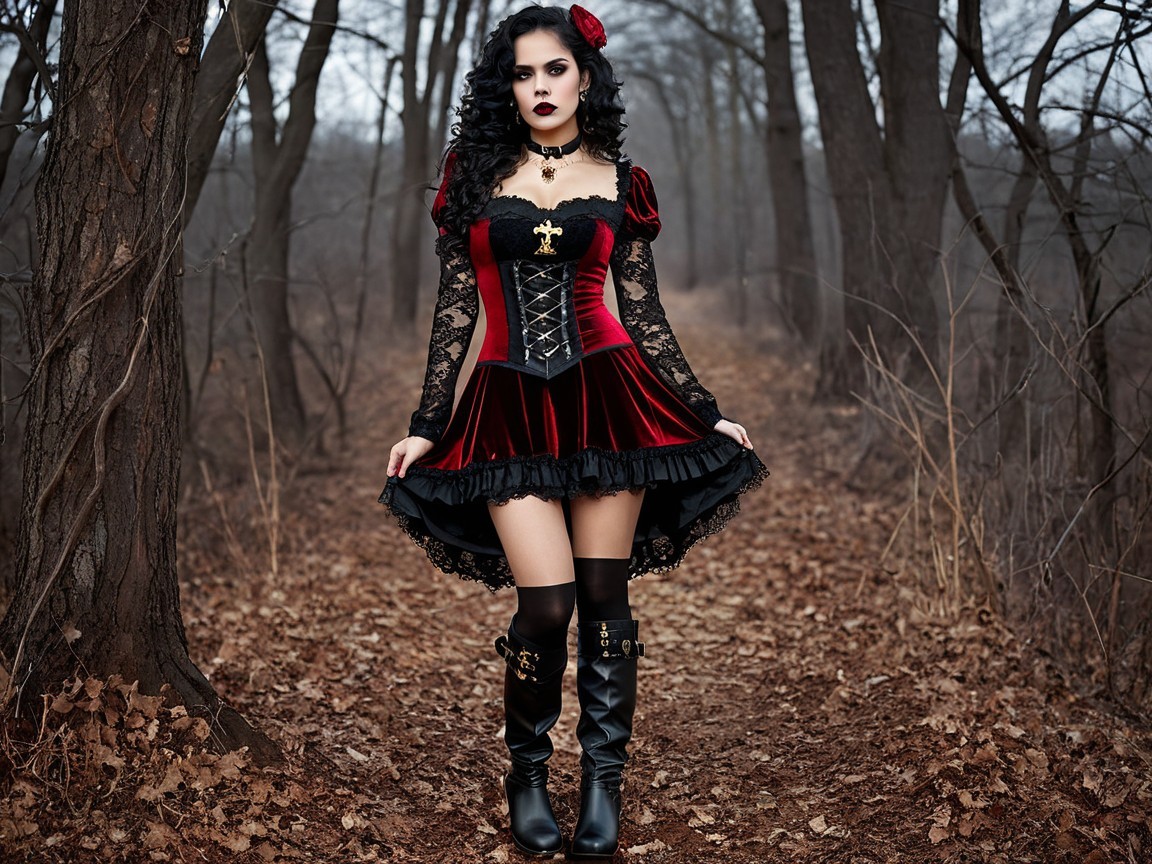 Woman in Velvet Dress Surrounded by Fallen Leaves