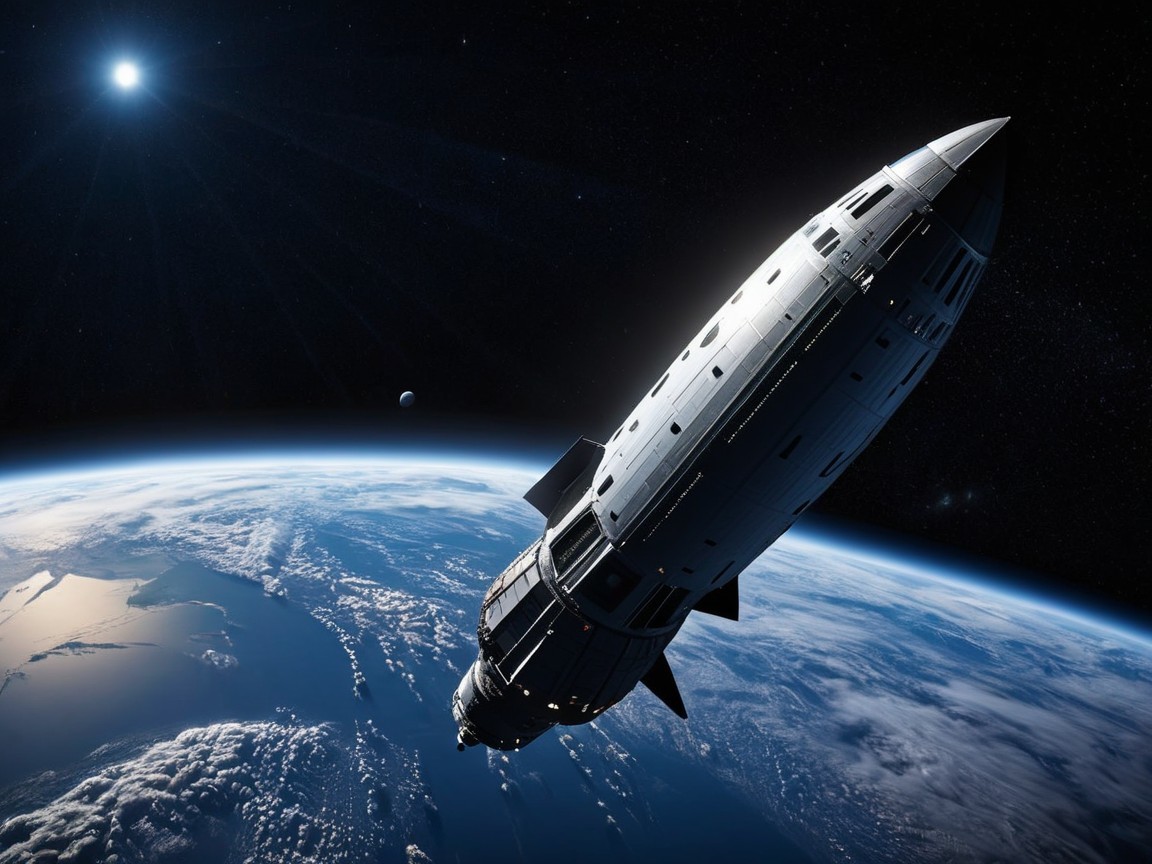Futuristic spaceship orbiting Earth with vibrant oceans