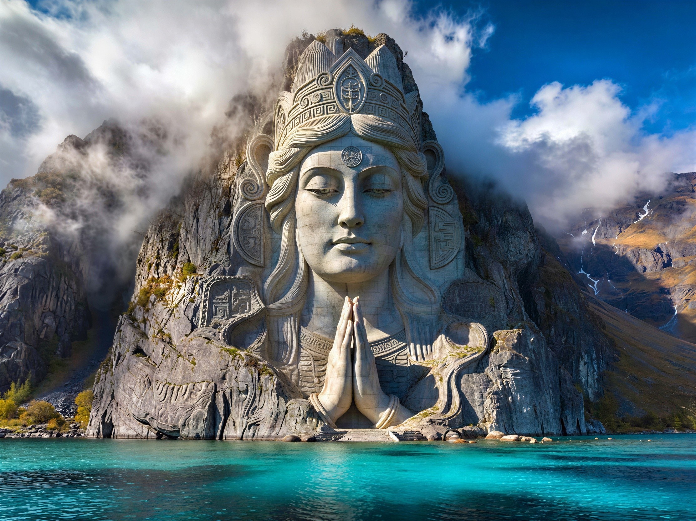 Digital Painting of Mahadev Statue in Mountain Landscape