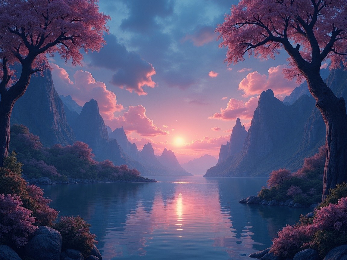 Serene Sunset Landscape with Mountains and Cherry Blossoms