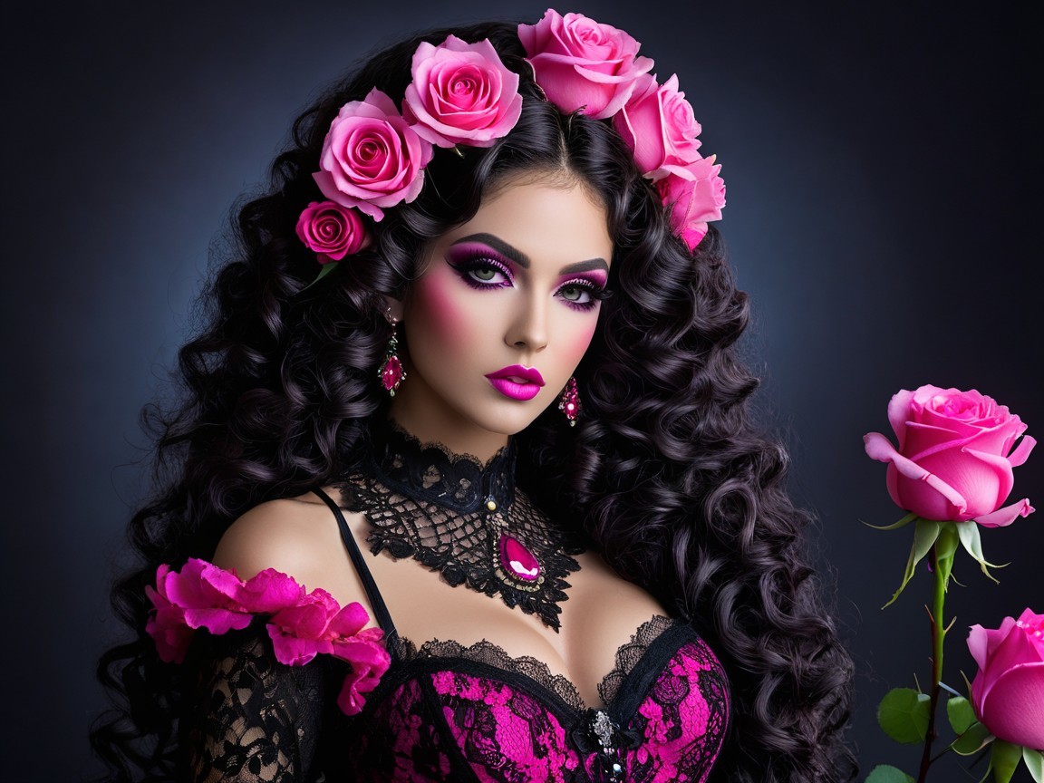Woman with Curly Hair and Pink Roses in Dark Setting
