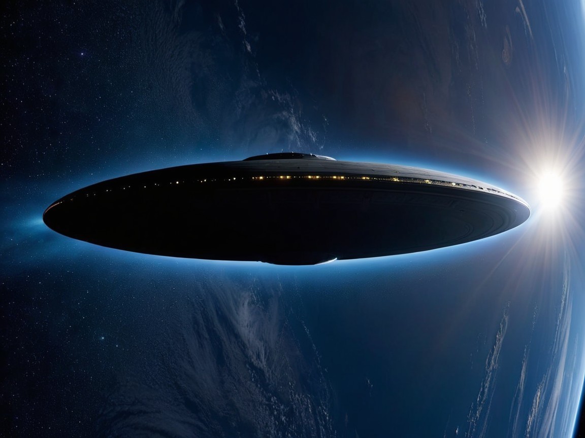 Futuristic spaceship in deep space with glowing sun