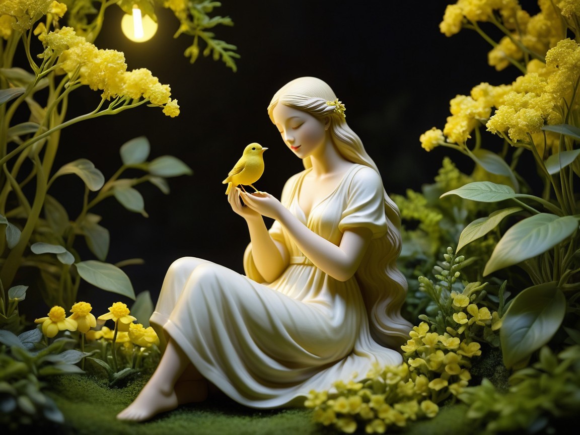 Dreamlike Illustration of a Young Woman with Canary