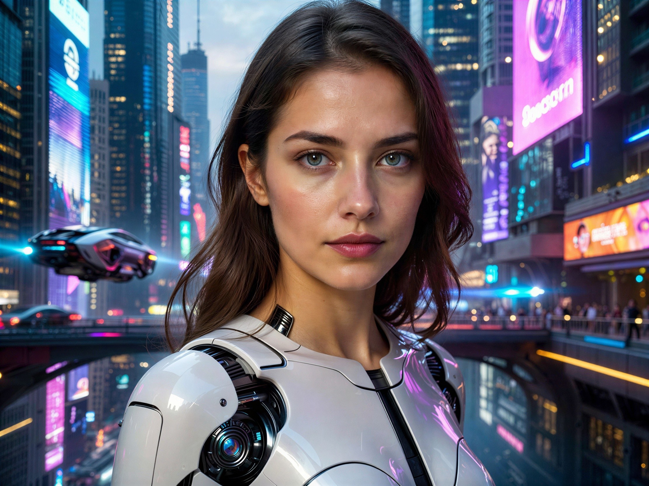 Futuristic woman in robotic attire against a neon cityscape