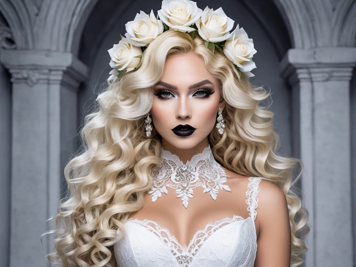 Woman in Lace Wedding Dress with Floral Crown