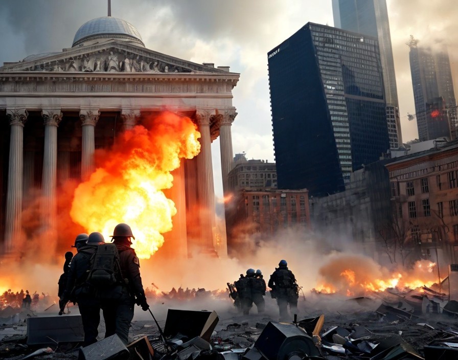 Soldiers amidst rubble with fire and smoke background