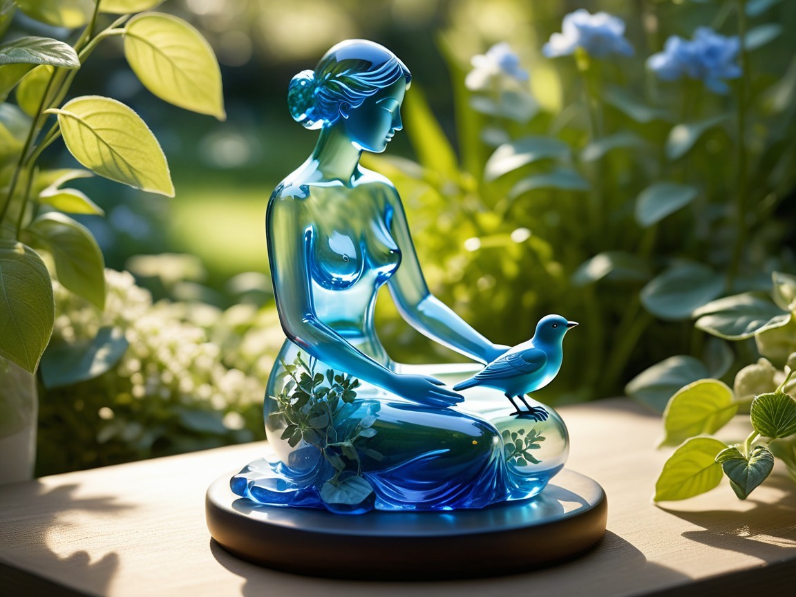 Blue Glass Sculpture of Woman with Bird on Table