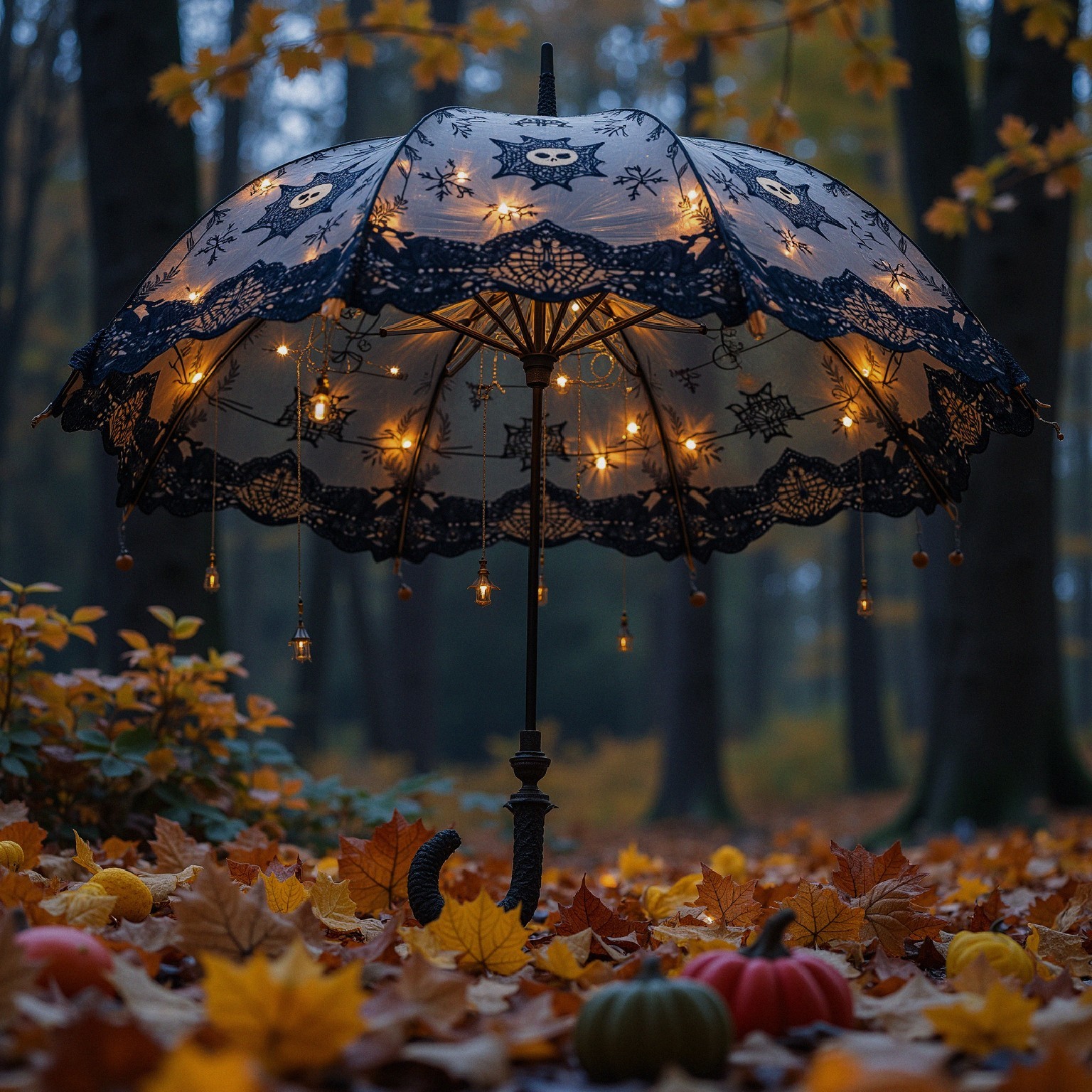 Ornate Black Lace Umbrella in Autumn Forest Setting