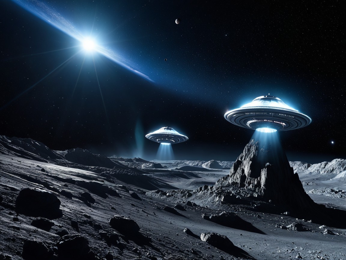 Futuristic Moon Landscape with UFOs and Starry Sky