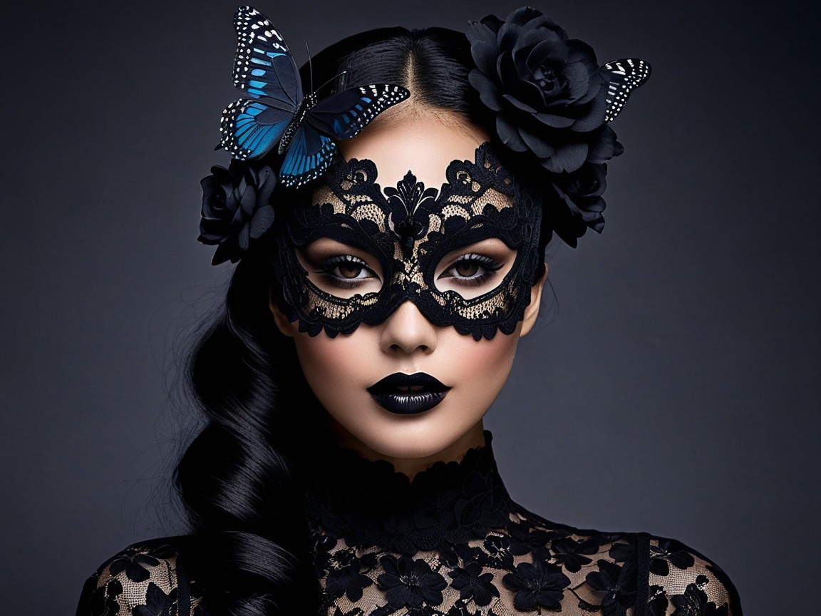 Mysterious Figure with Black Lace Mask and Butterfly