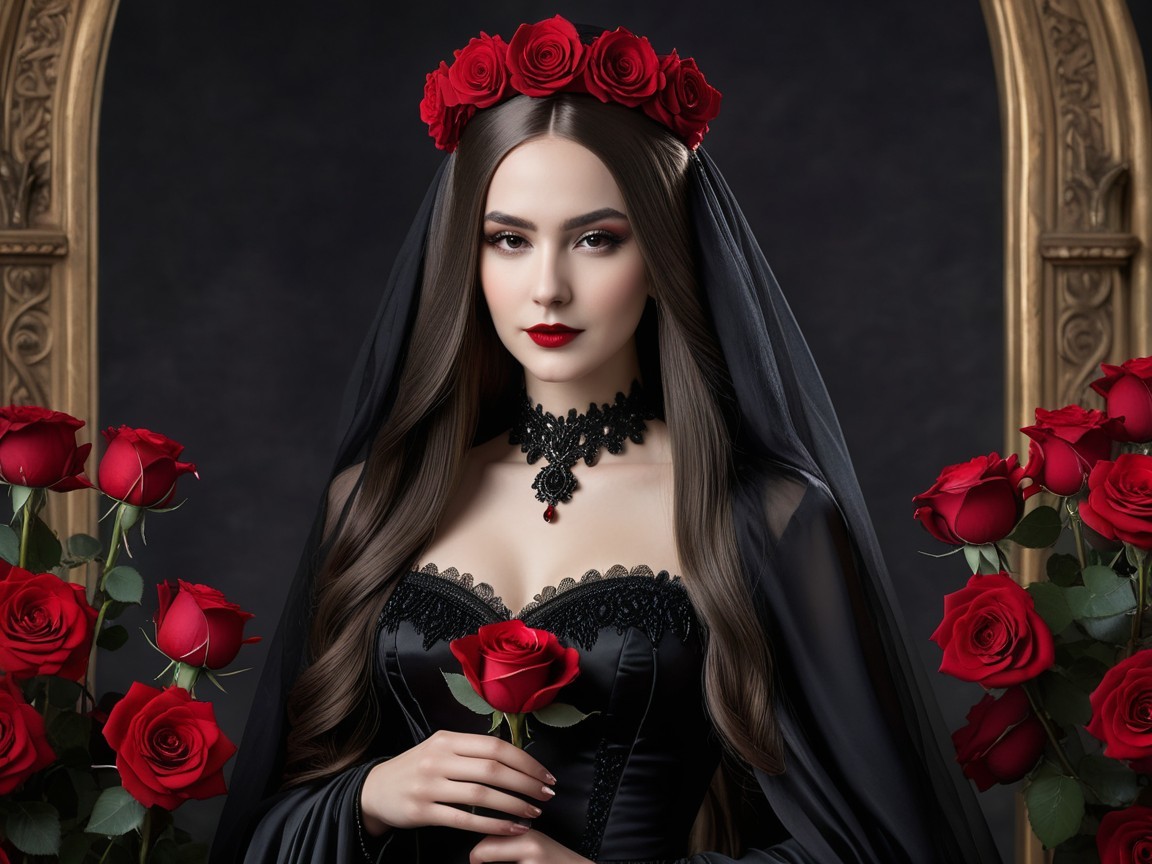 Gothic Bride with Red Rose Crown and Black Veil