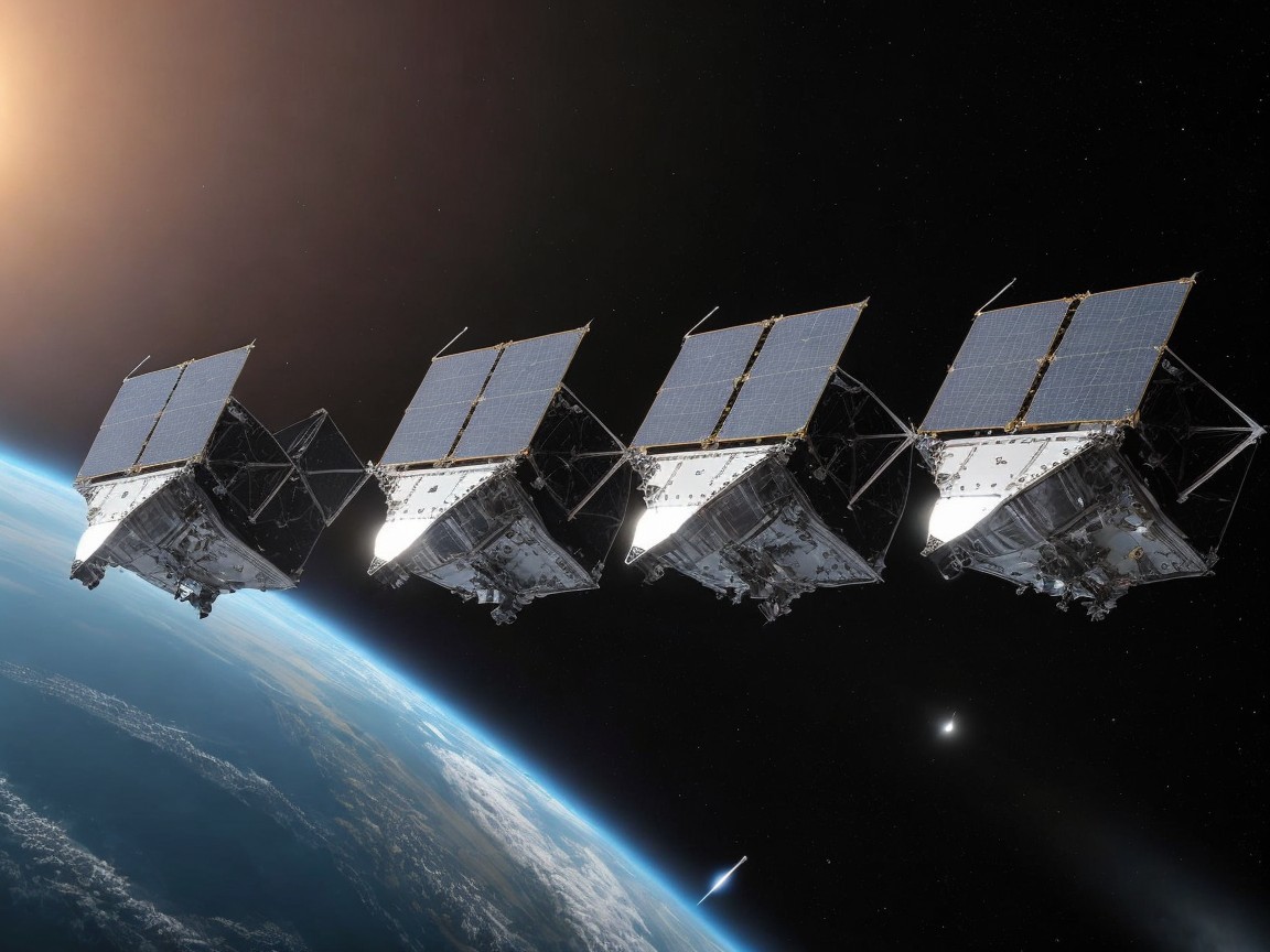 Four Satellites Orbiting Earth with Solar Panels