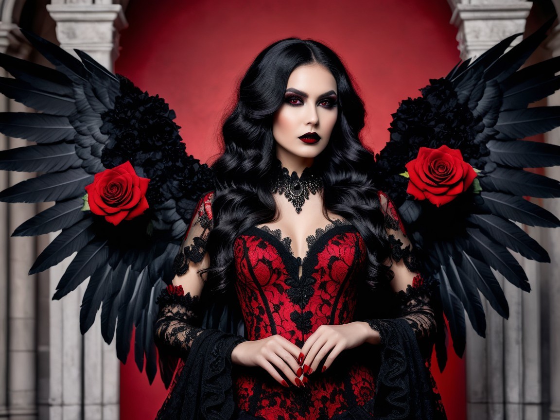 Confident Woman in Black Gown with Feathered Wings