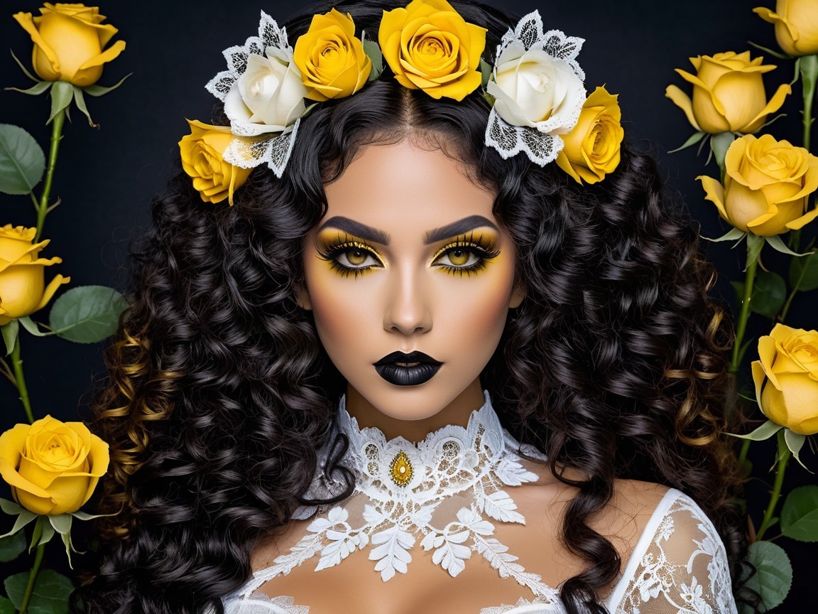 Portrait of a Woman with Yellow Roses and Lace Outfit
