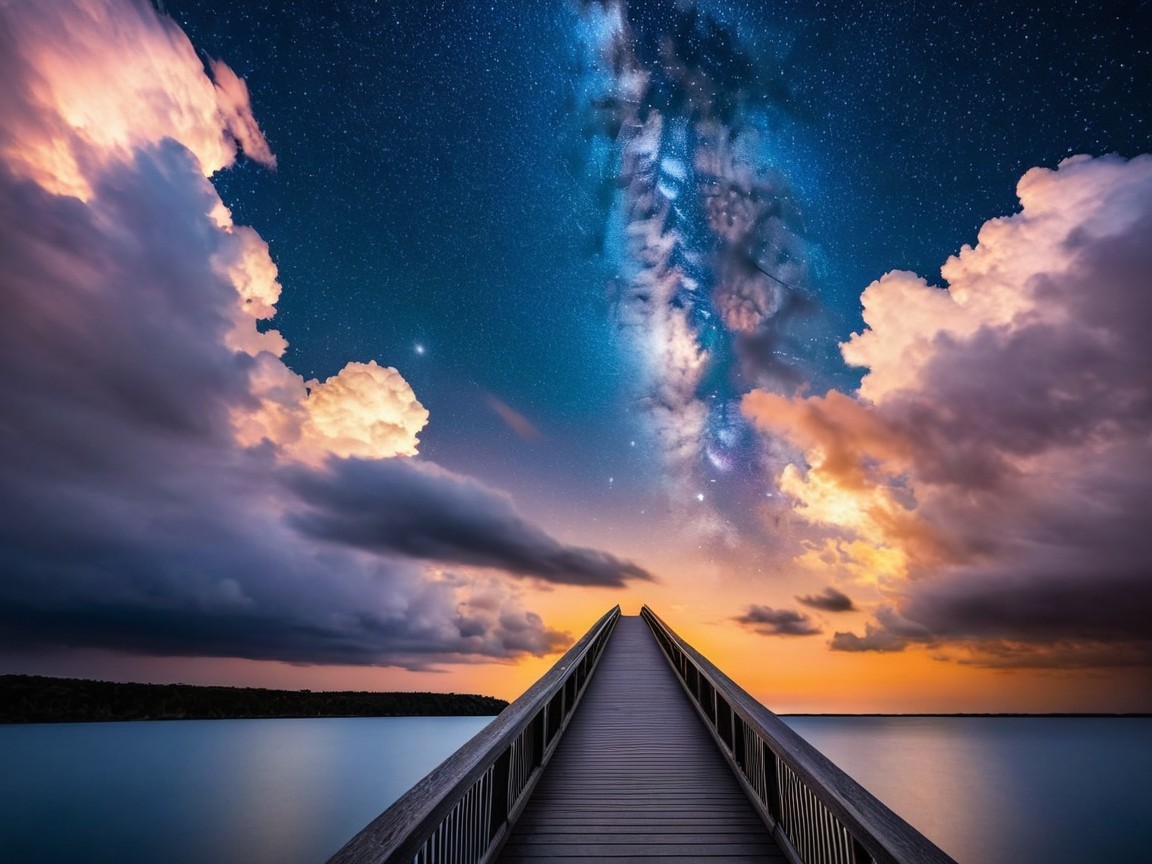 Serene Wooden Pier Overlooking Twilight Sky and Milky Way