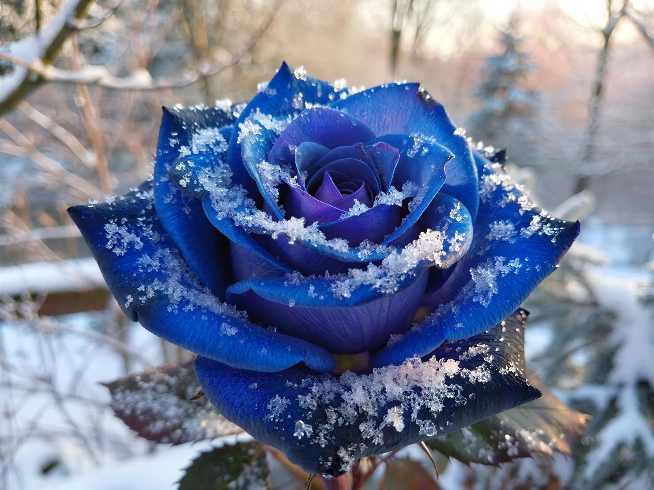 Blue Rose with Ice Crystals and Winter Background
