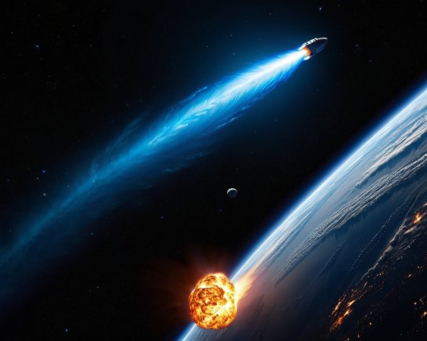 Sleek spacecraft with blue trail over glowing planet