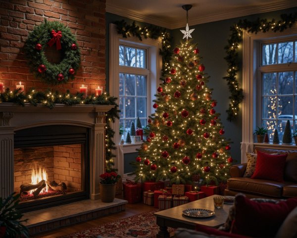 Cozy Christmas Living Room with Fireplace and Tree